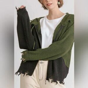 Umgee Contrast Zip Up Hooded Knit Cardigan Sweater by umgee